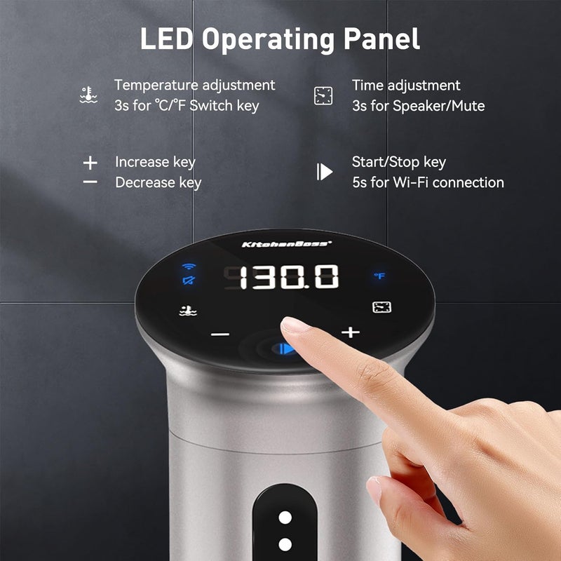 KitchenBoss طباخ سوس فيد واي فاي: آلة سوس فيد هادئة للغاية مع جهاز تحكم عبر التطبيق 1100 واط، طباخ دقيق مقاوم للماء IPX7 مع عرض رقمي دقيق لدرجة الحرارة، فضي - Image 3